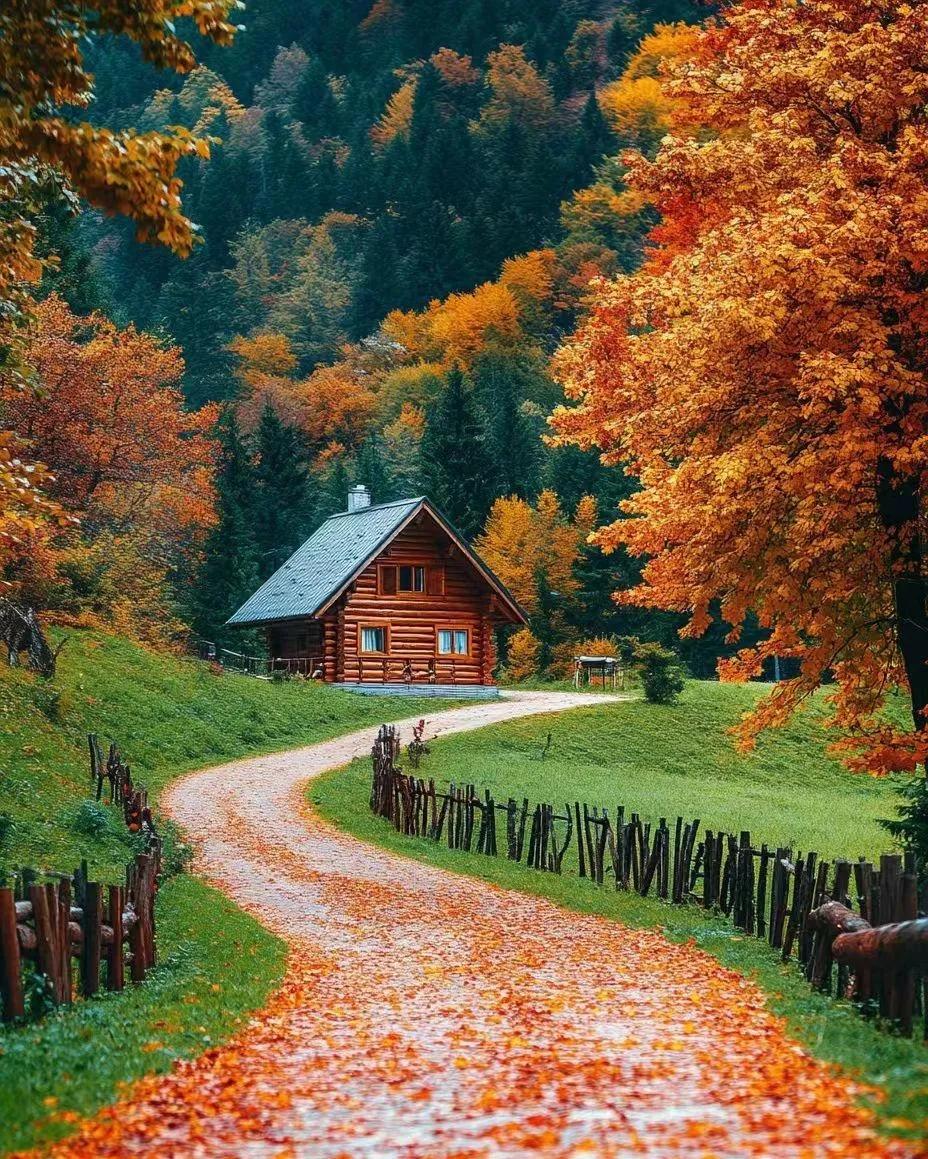 层林尽染红满山，河塘残留莲枝单。
风轻云淡寒霜尽，茅屋孤翁犬鹊安。