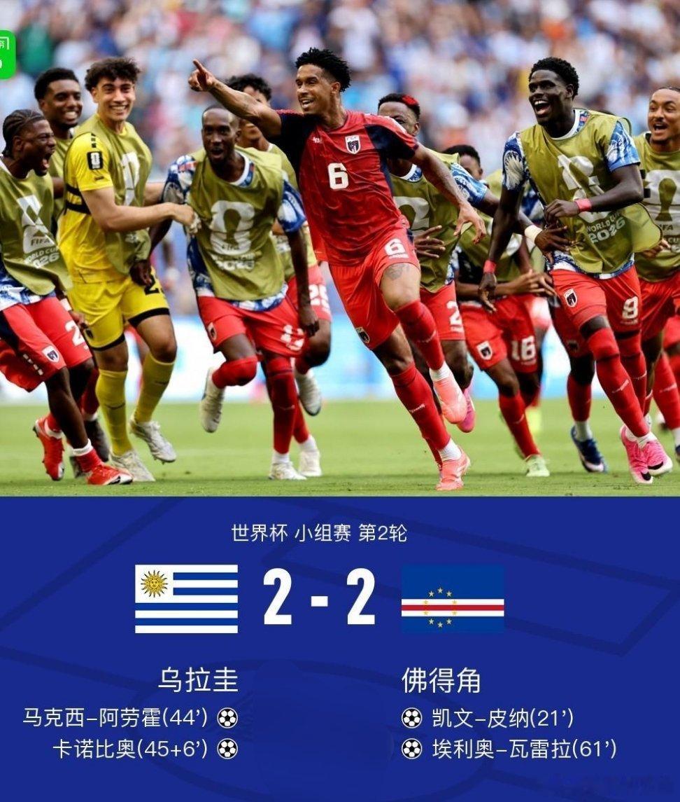 6月22日世界杯小组赛第二轮，乌拉圭迎战佛得角上演跌宕对决！上半场凯文·皮纳先拔