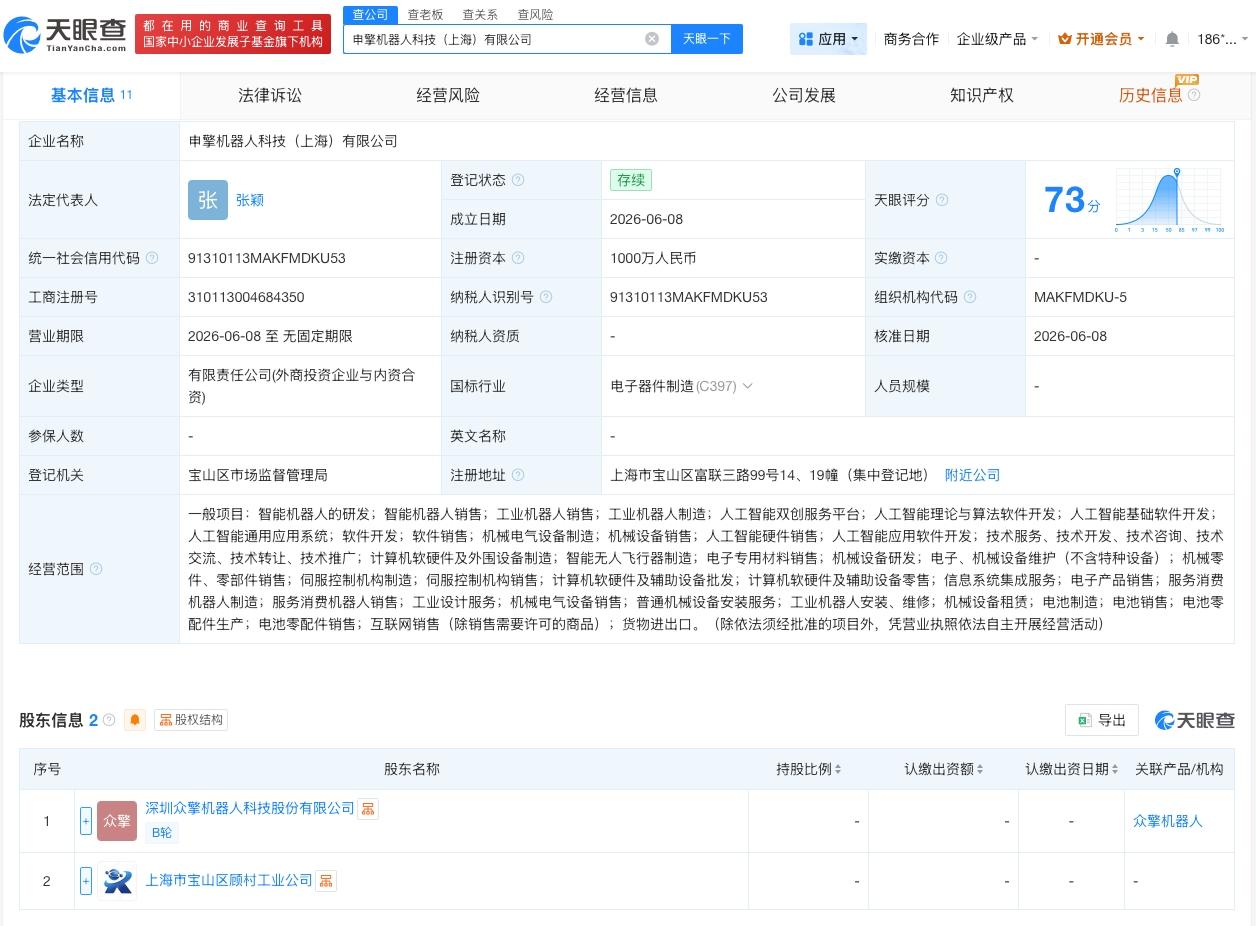 众擎机器人等在上海成立新公司

天眼查App显示，近日，申擎机器人科技（上海）有