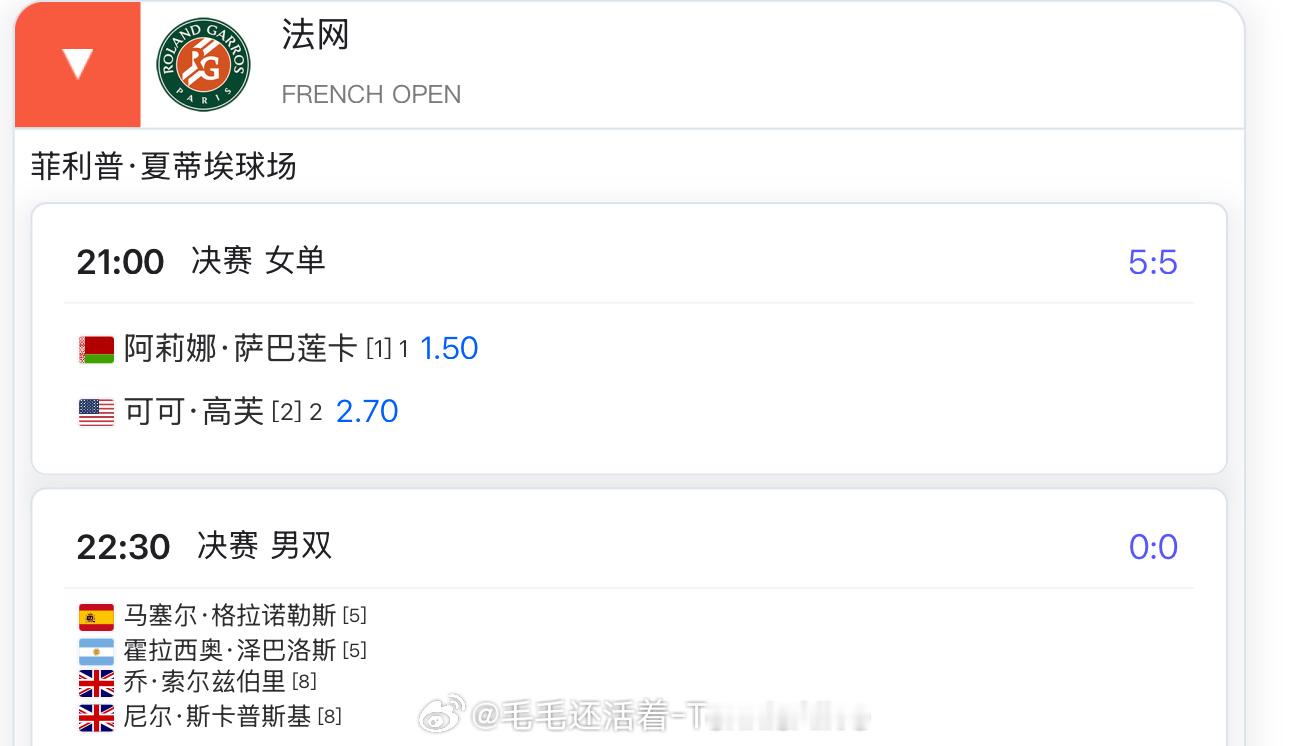 【6.7法网第14日比赛赛程】[心][心][心]21:00萨巴伦卡vs高芙 ​​