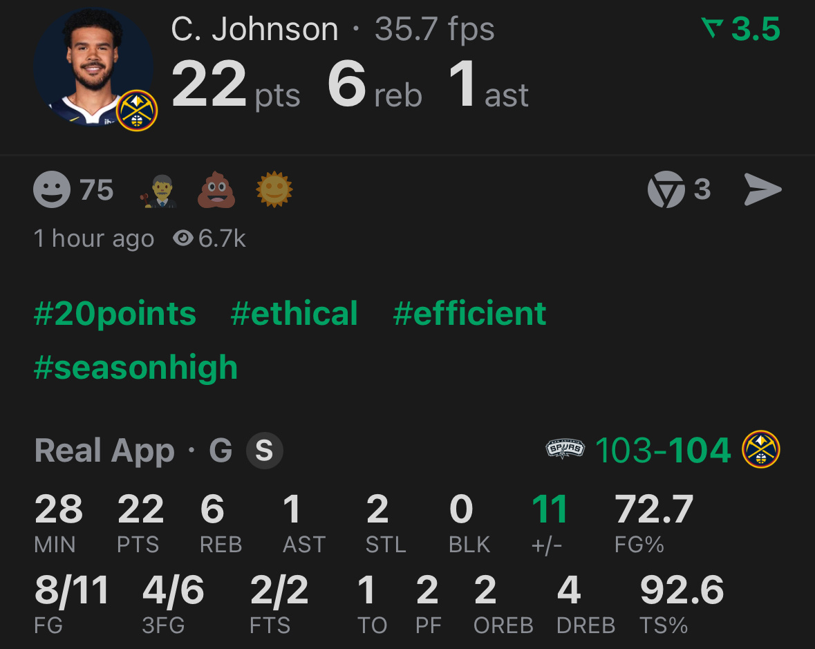 马刺今天第一节41分第三节44分落后18分又给追回来，而卡约三节已经拿到掘金生涯