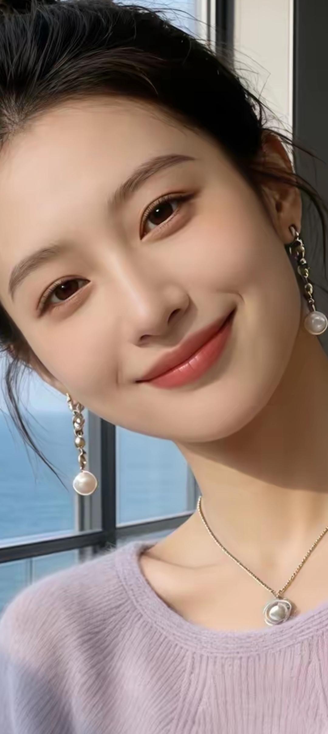 温柔微笑，珍珠耳环，海风轻拂，美好时光