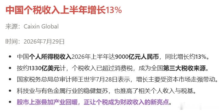上半年个税增速13%，稳中向好格局没有变。 