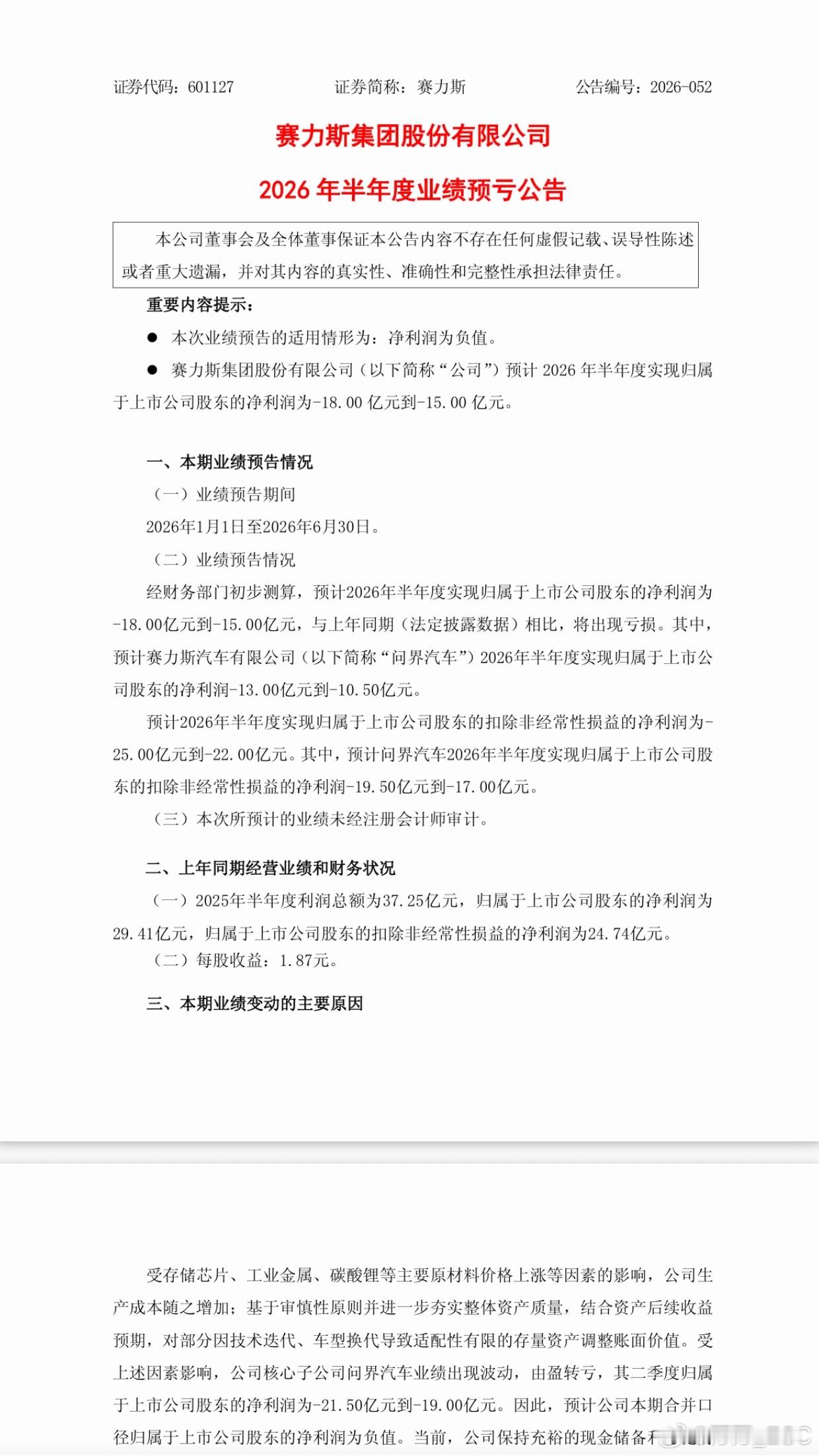 赛力斯半年报预计亏损 15~18 亿，去年同期利润是正的 29.41 亿。这年头