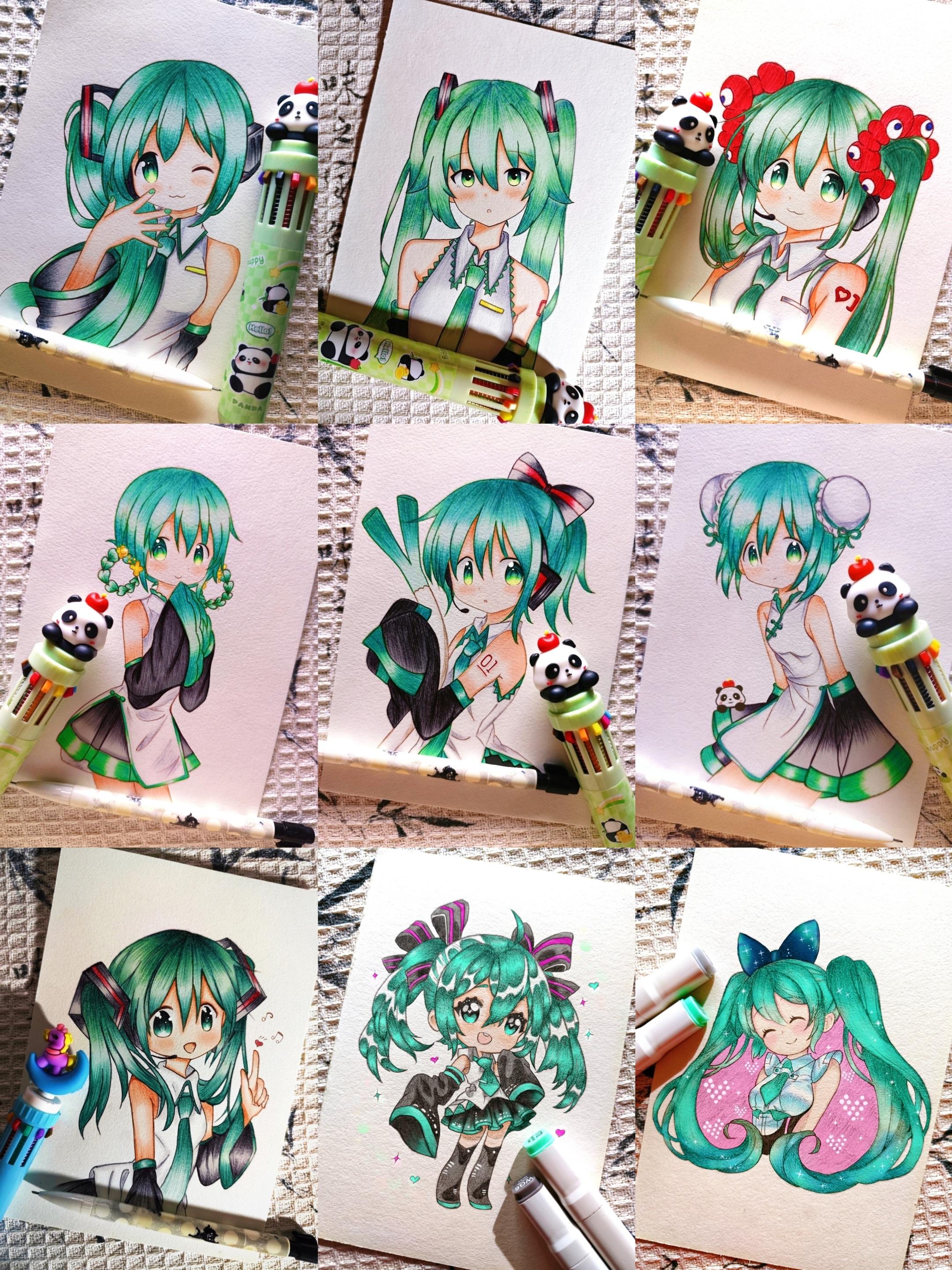 初音未来手绘九宫格，圆珠笔绘制超萌美图。