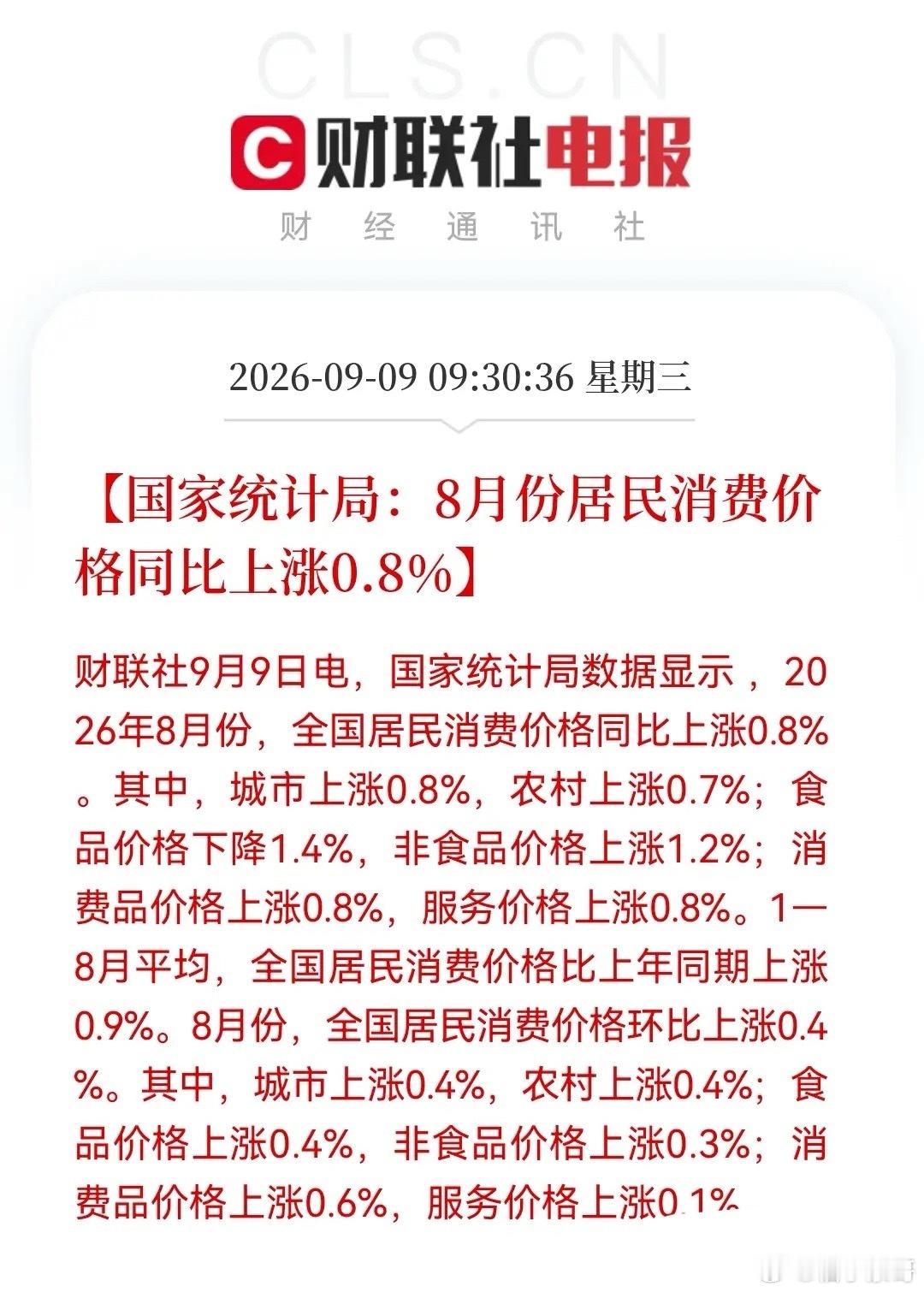 重磅消息！8月CPI出炉：同比上涨0.8%环比涨0.4%，通胀温和回升信号明确，