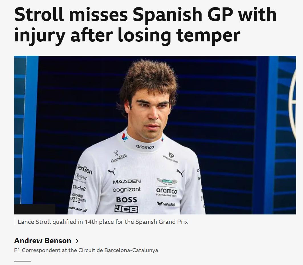 F1 上周末BBC在斯托尔因伤缺席F1西班牙站正赛的报道中写道：阿斯顿·马丁车手