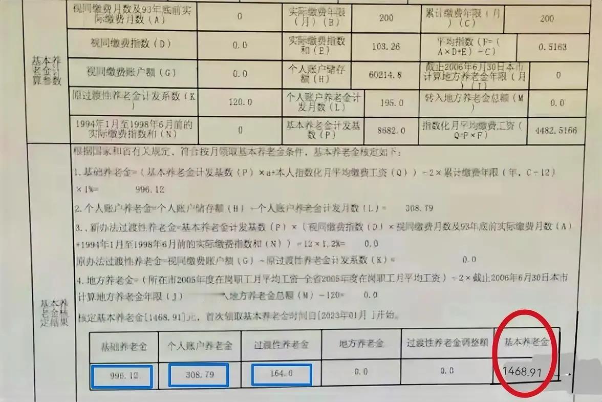 这位网友在广东退休，累计缴费年限是16年8个月，个人账户60214.8，最后的养