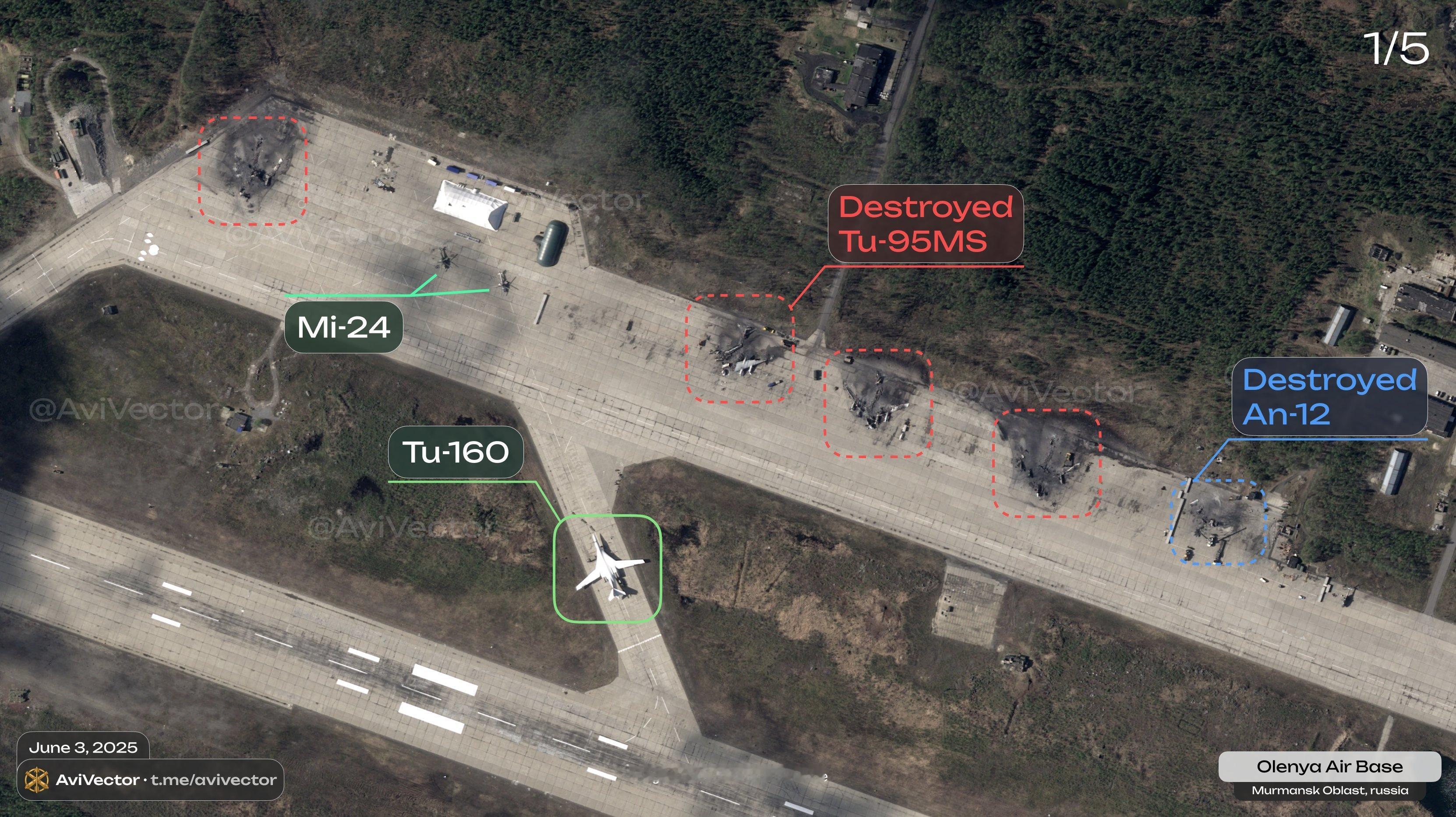 俄罗斯空军基地遭袭击卫星图像显示，俄罗斯奥莱尼亚空军基地被乌克兰无人机袭击后，可