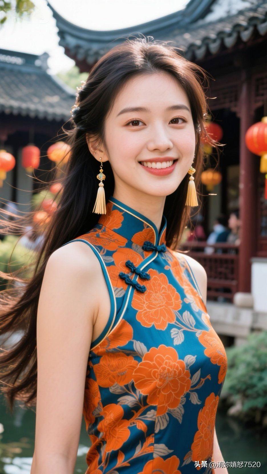 🏮 红灯笼浸着暖光，蓝绸裹住花的热烈，风掠过发梢时，连呼吸都漫着古典又治愈的香