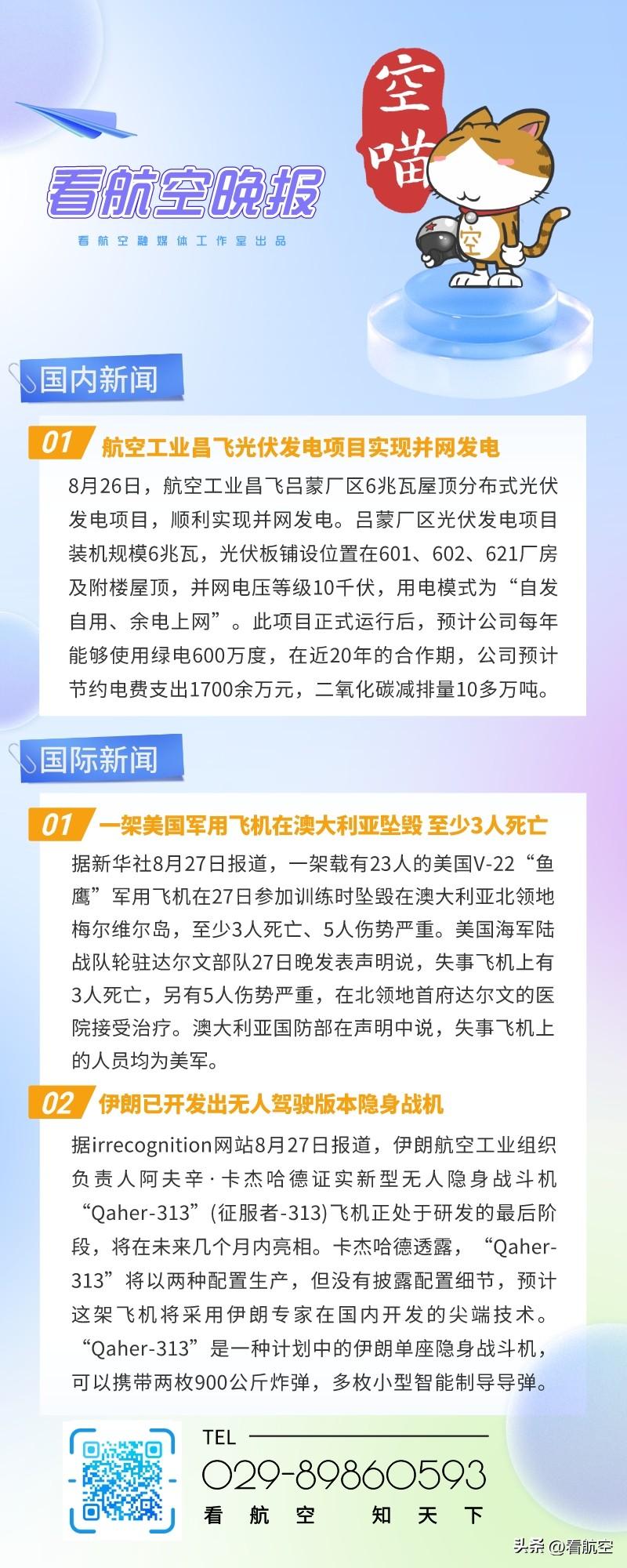 8.28晚报
1、航空工业昌飞光伏发电项目实现并网发电
2、一架美国军用飞机在澳