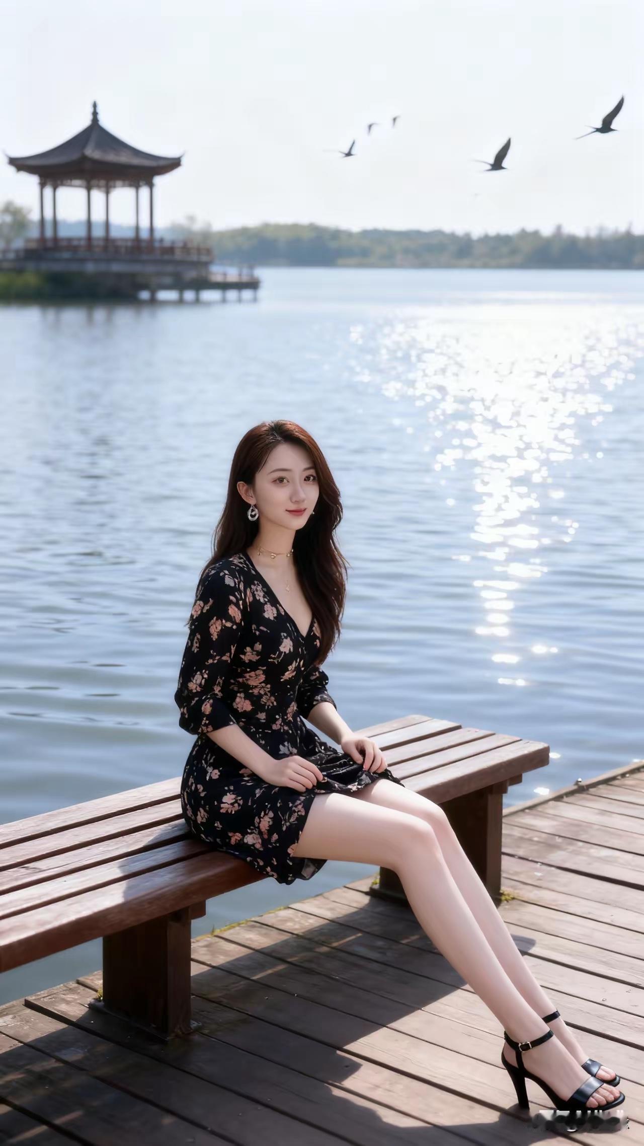 湖畔静坐，花裙飘逸，悠然自得。