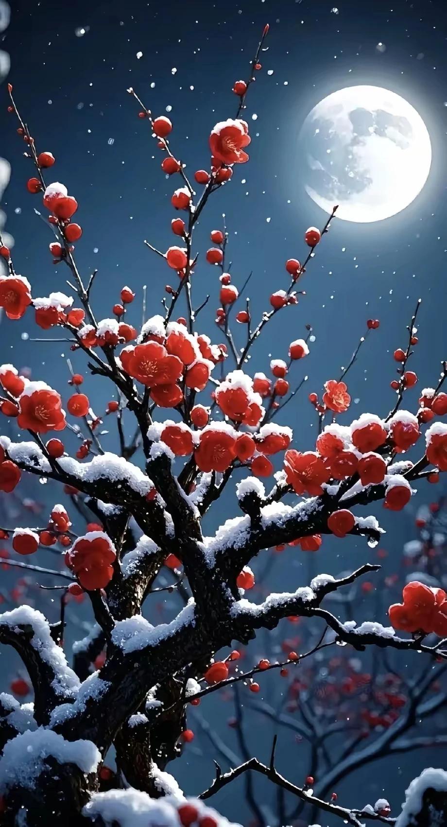红梅开在雪枝上
圆月挂在夜空旁
雪花轻轻落花瓣
广寒惊闻有暗香
