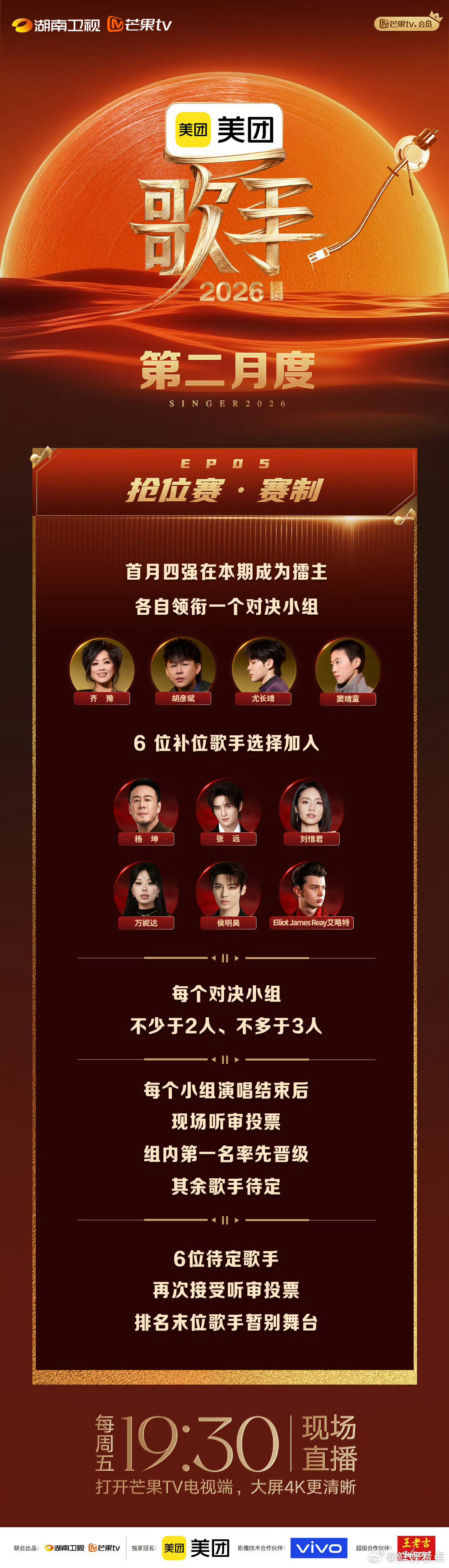 歌手今晚十人抢位歌手2026 全员集结奔赴舞台，十位唱将轮番献唱比拼，精彩曲目不