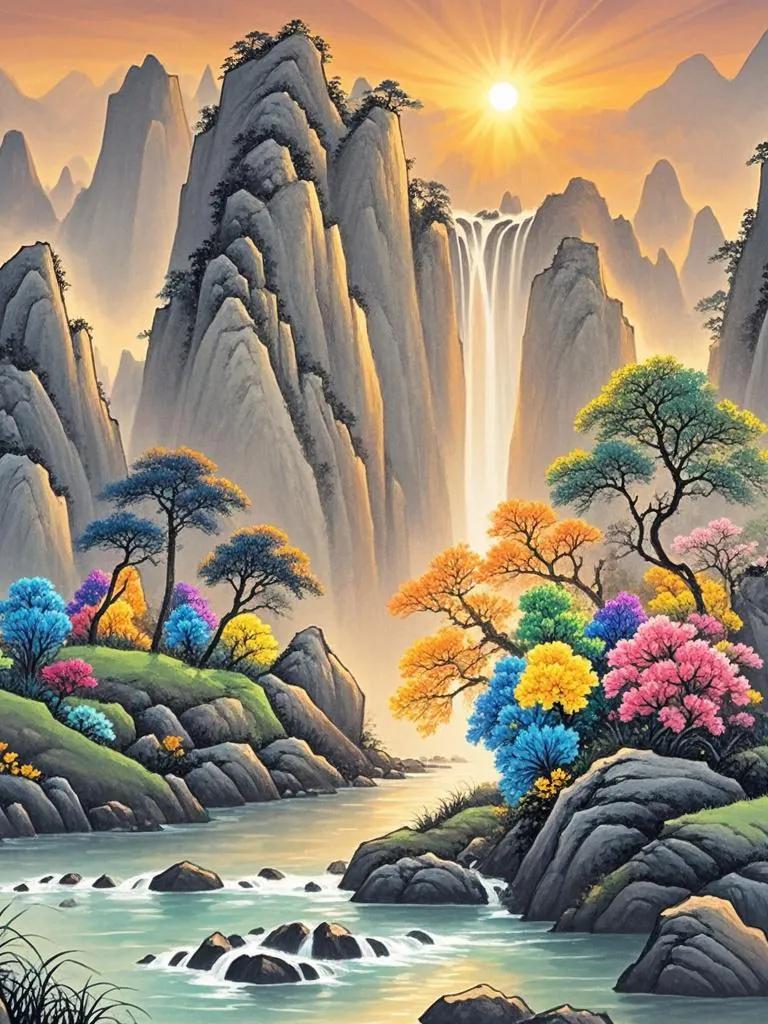 香溪源景醉斜阳，奇秀峰峦着锦裳。花草芬芳林雾绕，溪光暮色韵悠长。神洲春暧山河秀 