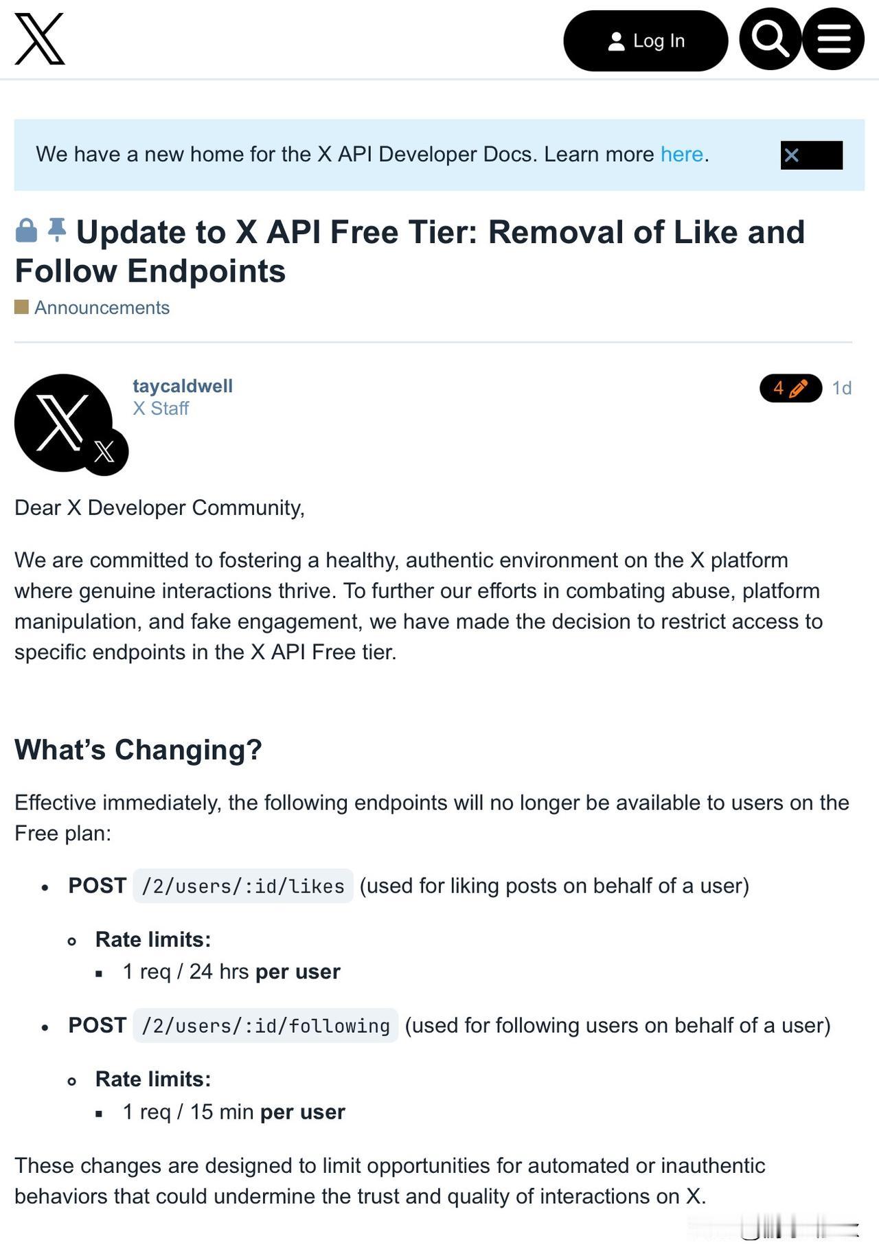 X API 免费计划再收紧：点赞和关注接口将逐出免费选项

近日，官方发布公告称