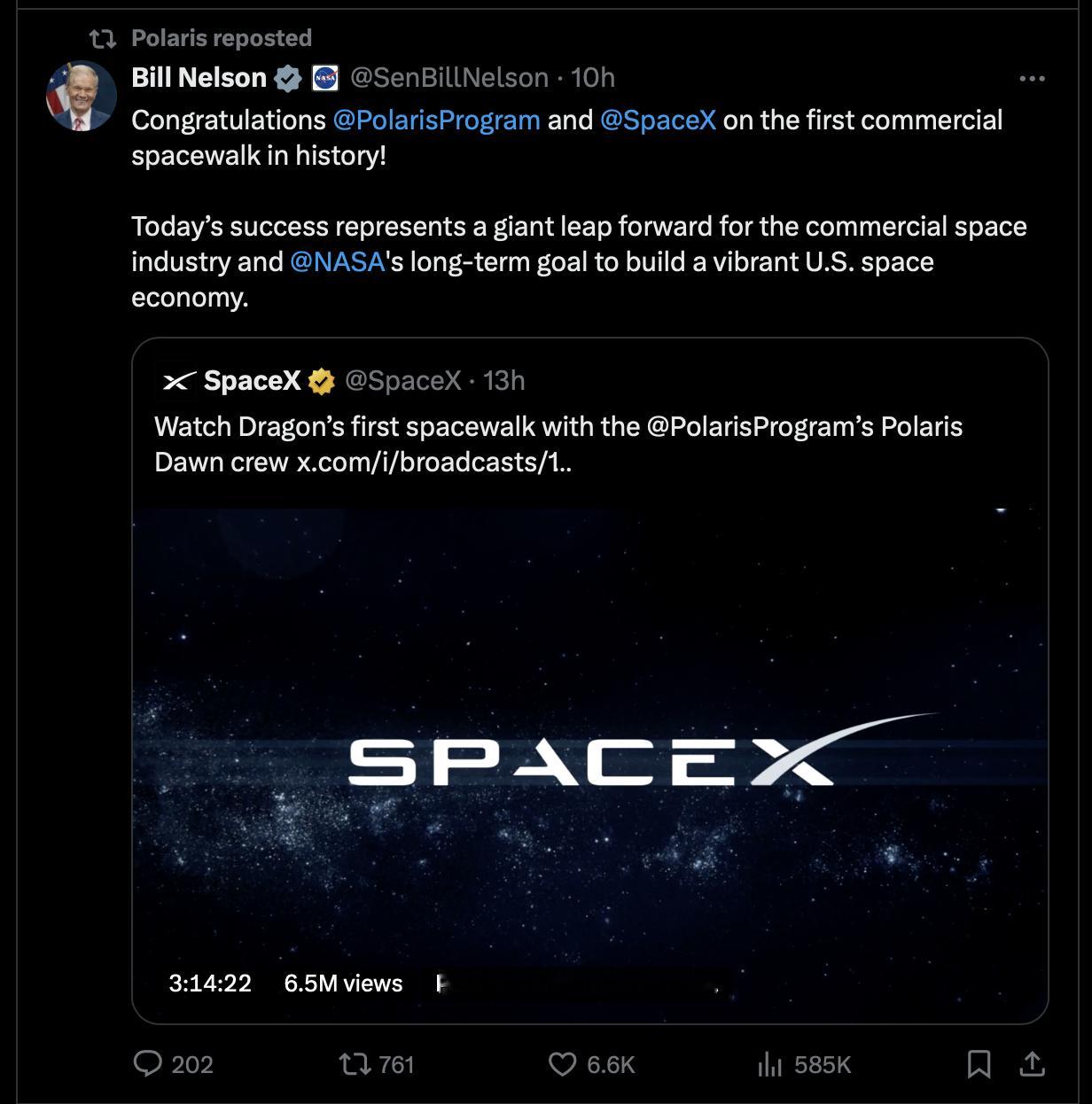 NASA局长比尔·尼尔森 (Bill Nelson)发文，祝贺SpaceX和北极
