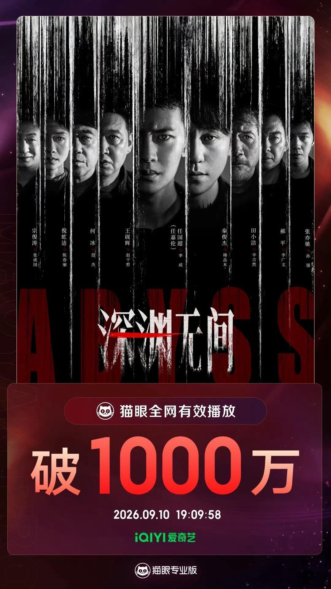 任嘉伦[超话] 《深渊无间》09/09第五波战报：猫眼数据任国超领衔主演剧集《深
