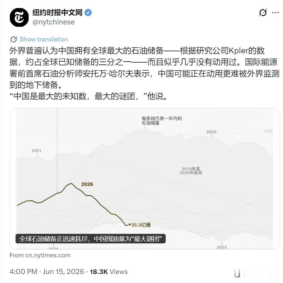 纽约时报中文网今天（6月15日）写道：“【全球石油储备正迅速耗尽，中国囤油量为‘