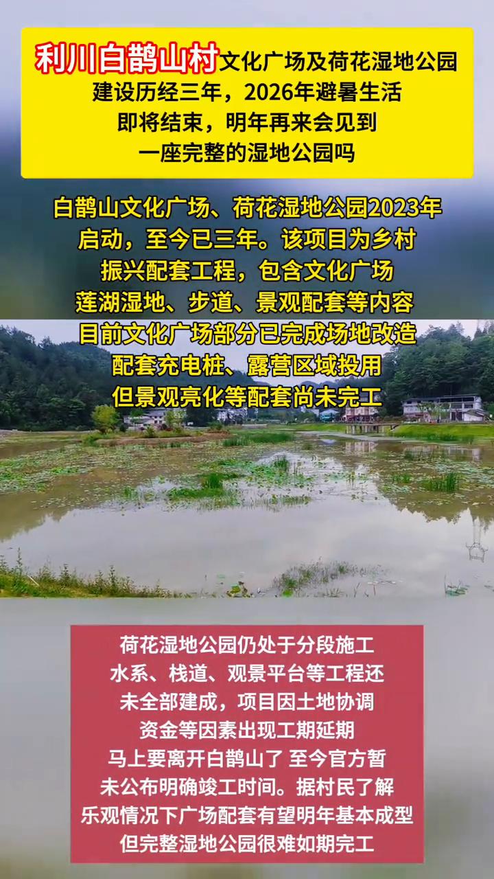 利川白鹊山村文化广场及荷花湿地公园建设历经三年，2026年避暑生活即将结束，明年