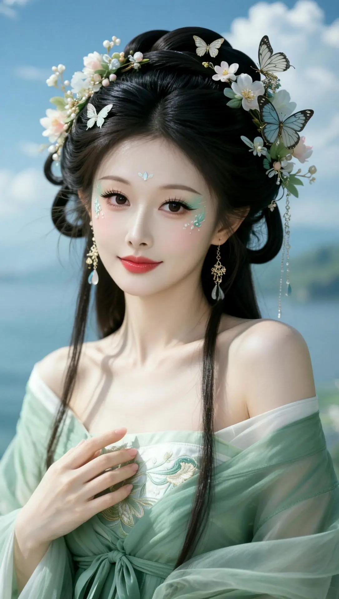 AI蝶花古风照 ai创作 古风仙逸写真 仙韵古风写真 海景汉服写真