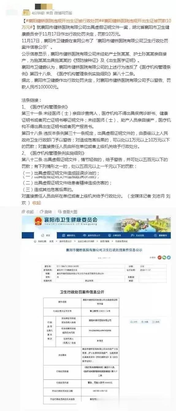 襄阳健桥医院违规开出生证被罚款10万元！

11月17日，襄阳市卫健委在官网公布