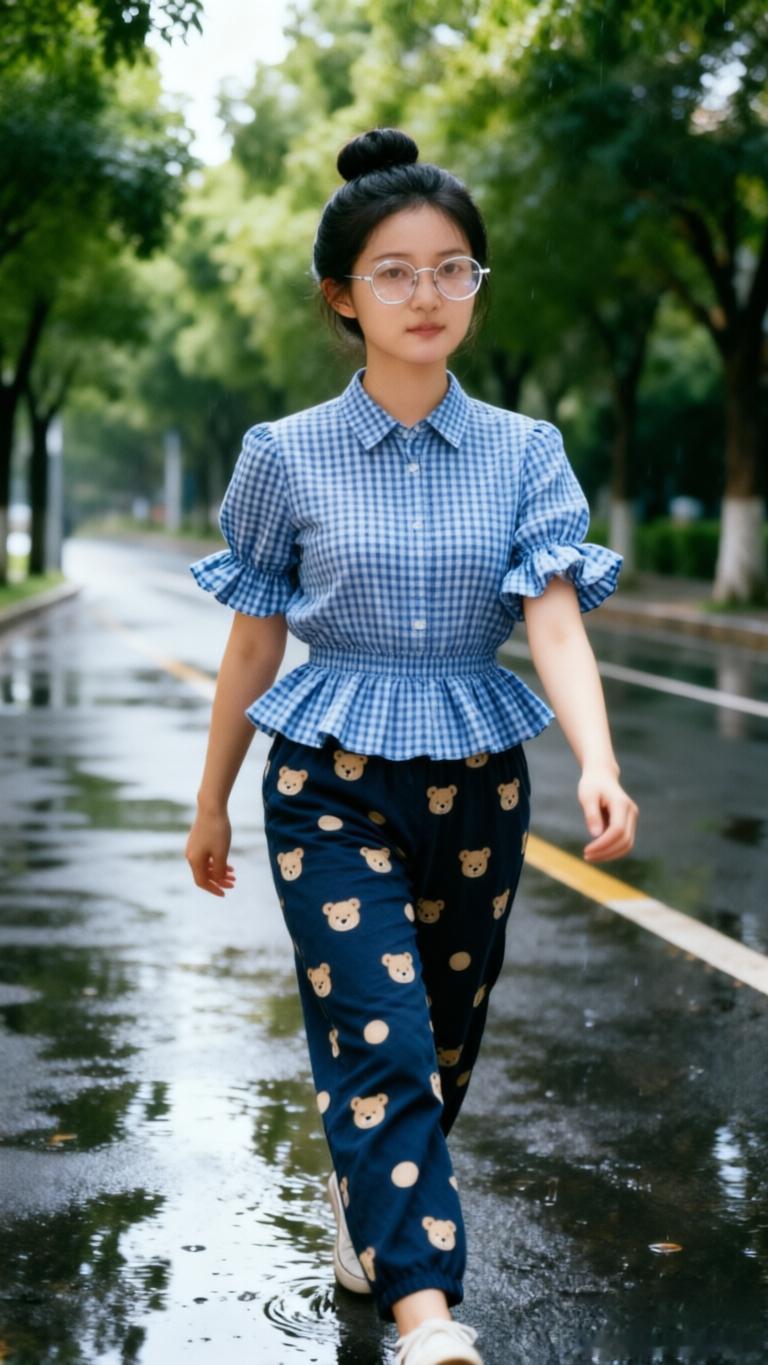 美女 走在雨后清晨的小路上 