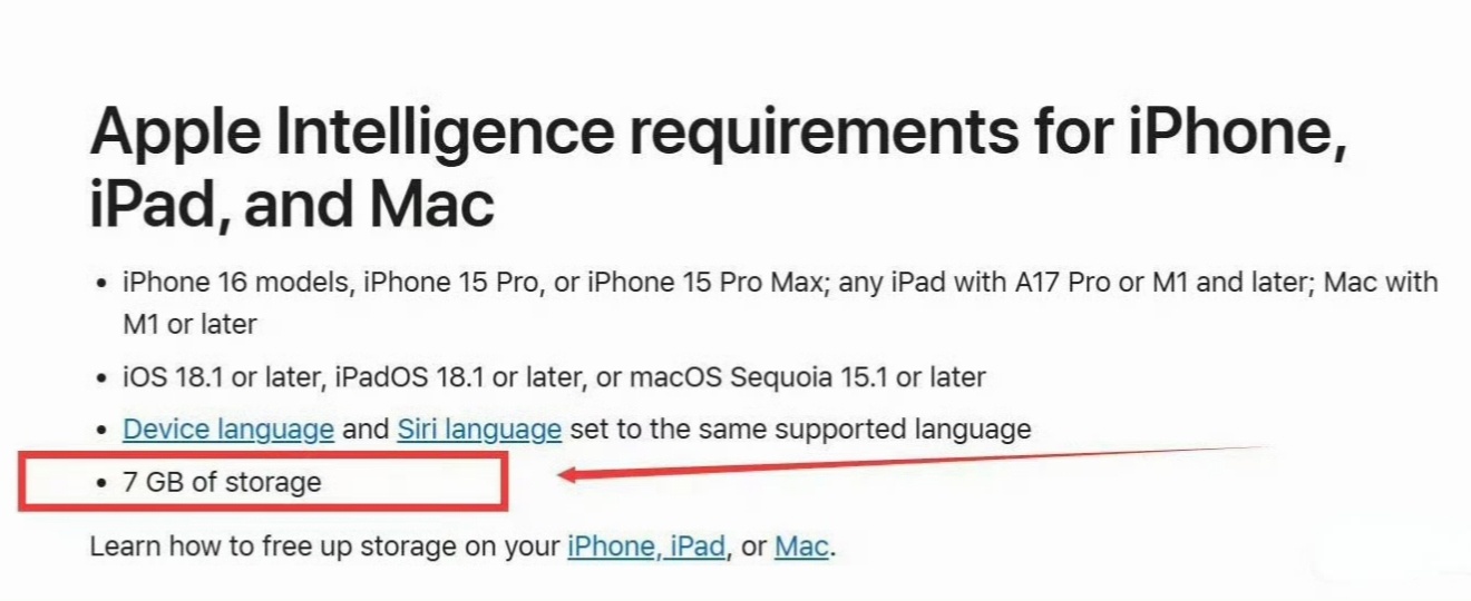 苹果AI要求预留7GB空间  其实也没多少，微信正常使用都要几十GB…但这是英文