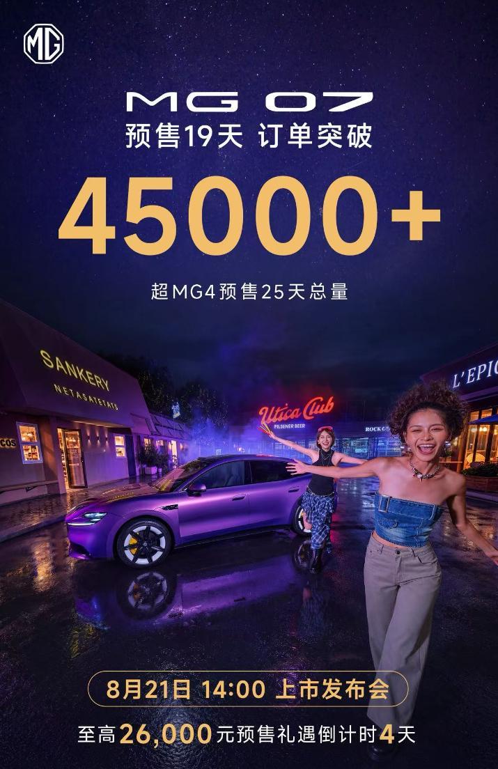 官方公布了MG 07现阶段的预售订单量，预售19天订单量超过4.5W，确实是一个