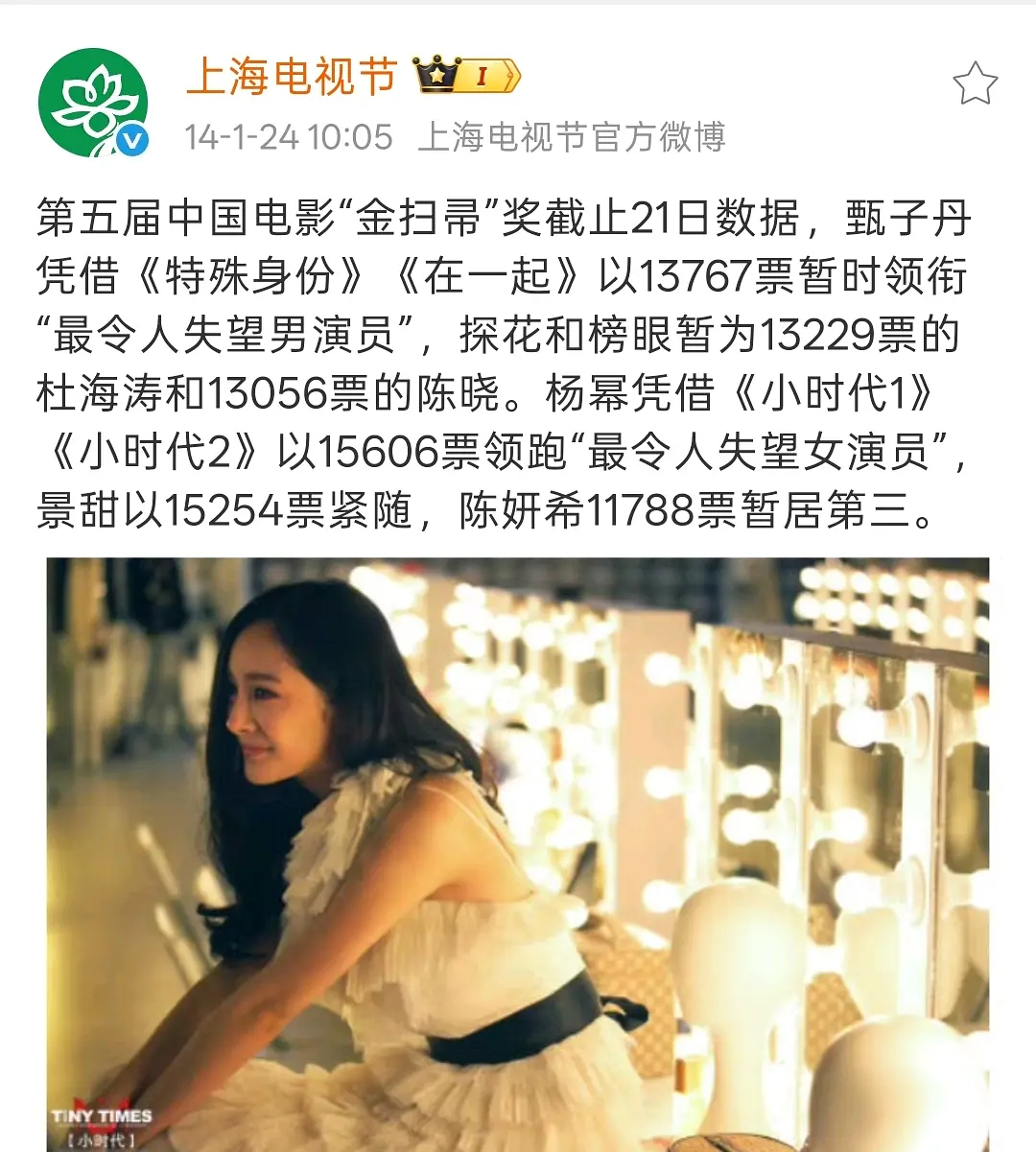 官方说杨幂是金扫帚