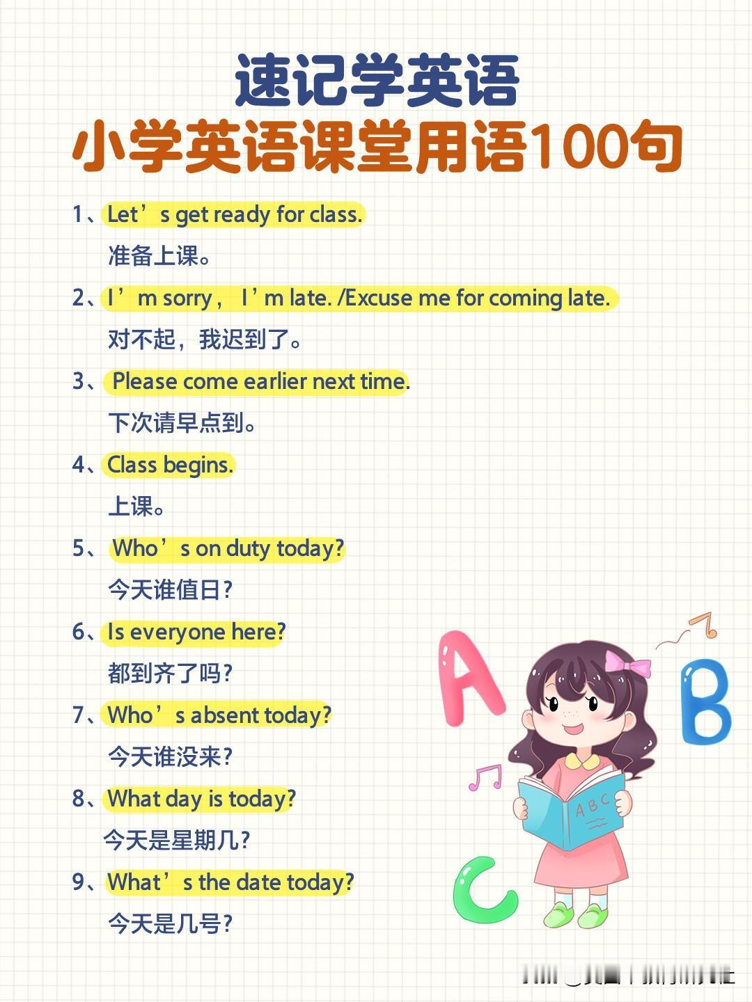 【太实用了！小学课堂基础口语100句！】
小学家长必看，小学英语学习，英语口语，