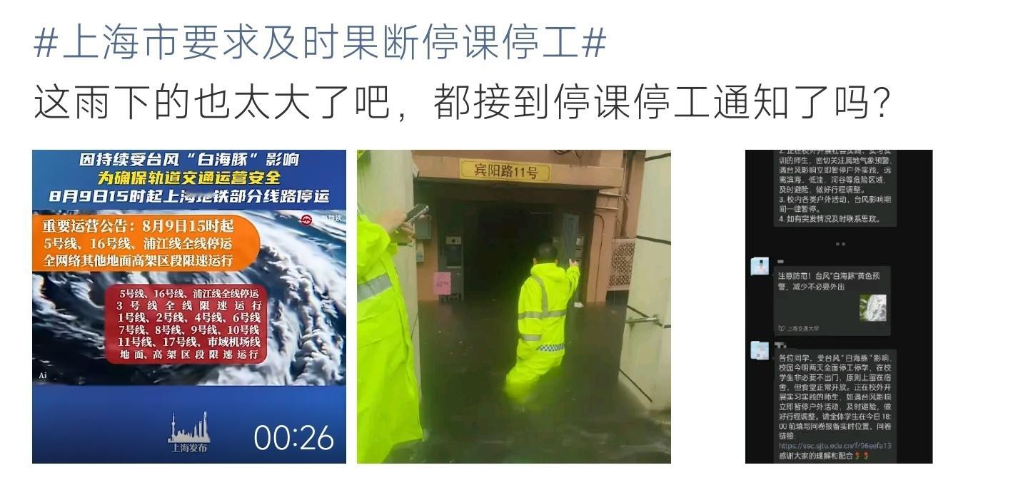 上海市要求及时果断停课停工台风白海豚侵袭上海，多地停课停工，多条地铁线路停运避险