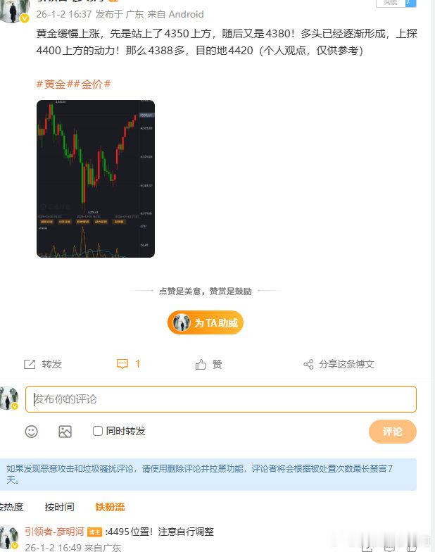 黄金4388入场的多，提示在4395位置离场！目前第二次回落就不建议再追！今天第