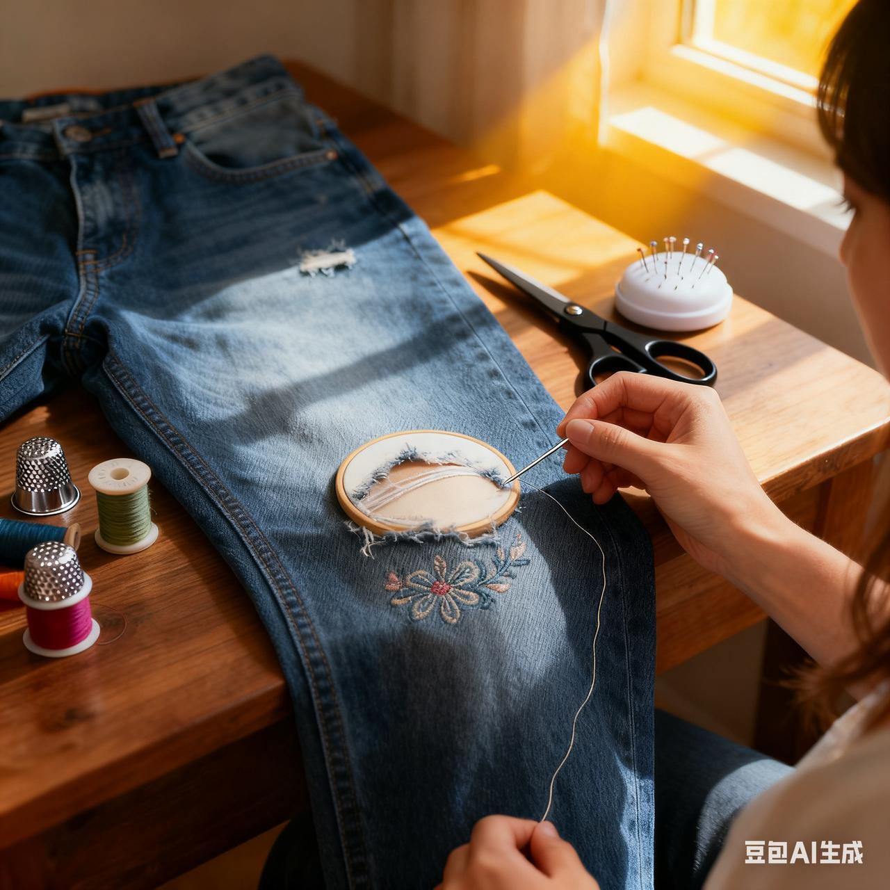 心血来潮买了1套刺绣工具，想把老公的一条裤子破洞的裤子给它缝补上。

不仅补上，