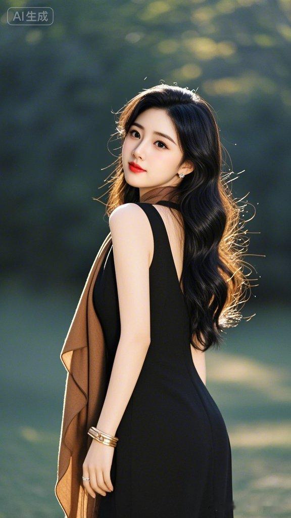 这位女士穿着黑色连衣裙，在阳光下显得格外优雅。