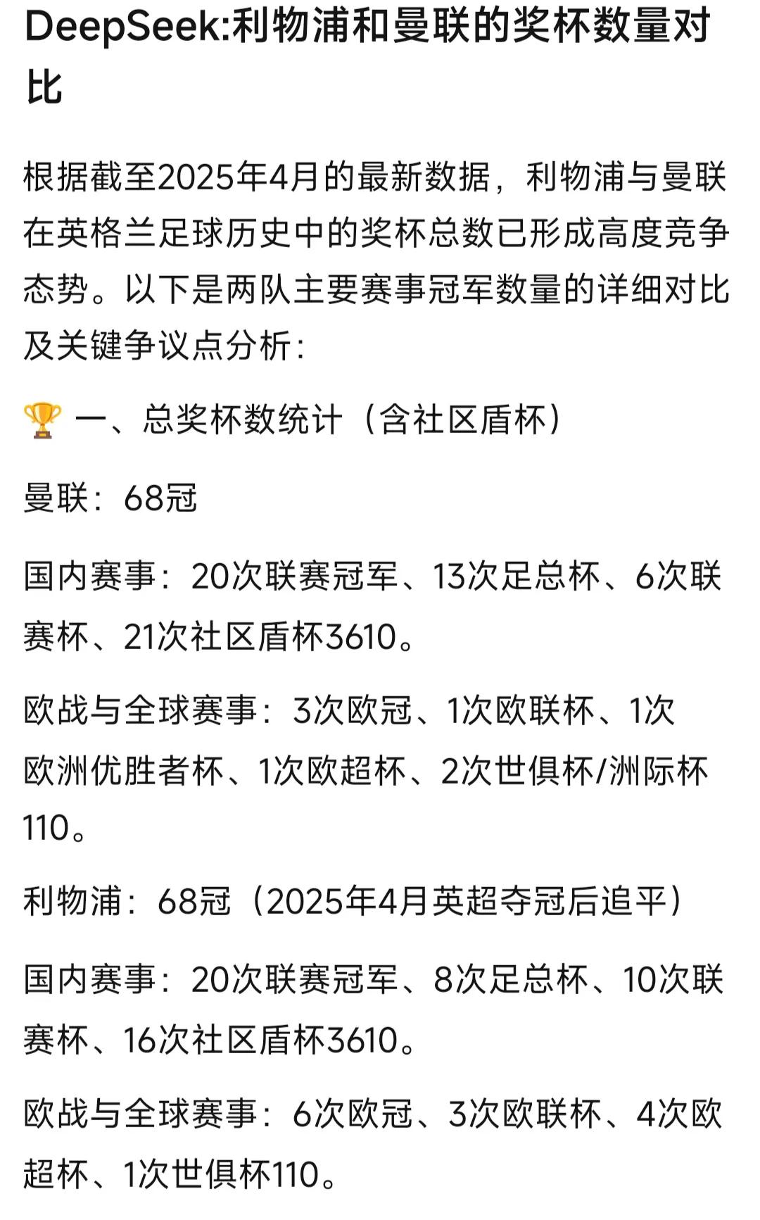 最新统计曼联和利物浦都是68个冠军，新赛季他俩谁先夺冠，谁就领先英格兰球队！
