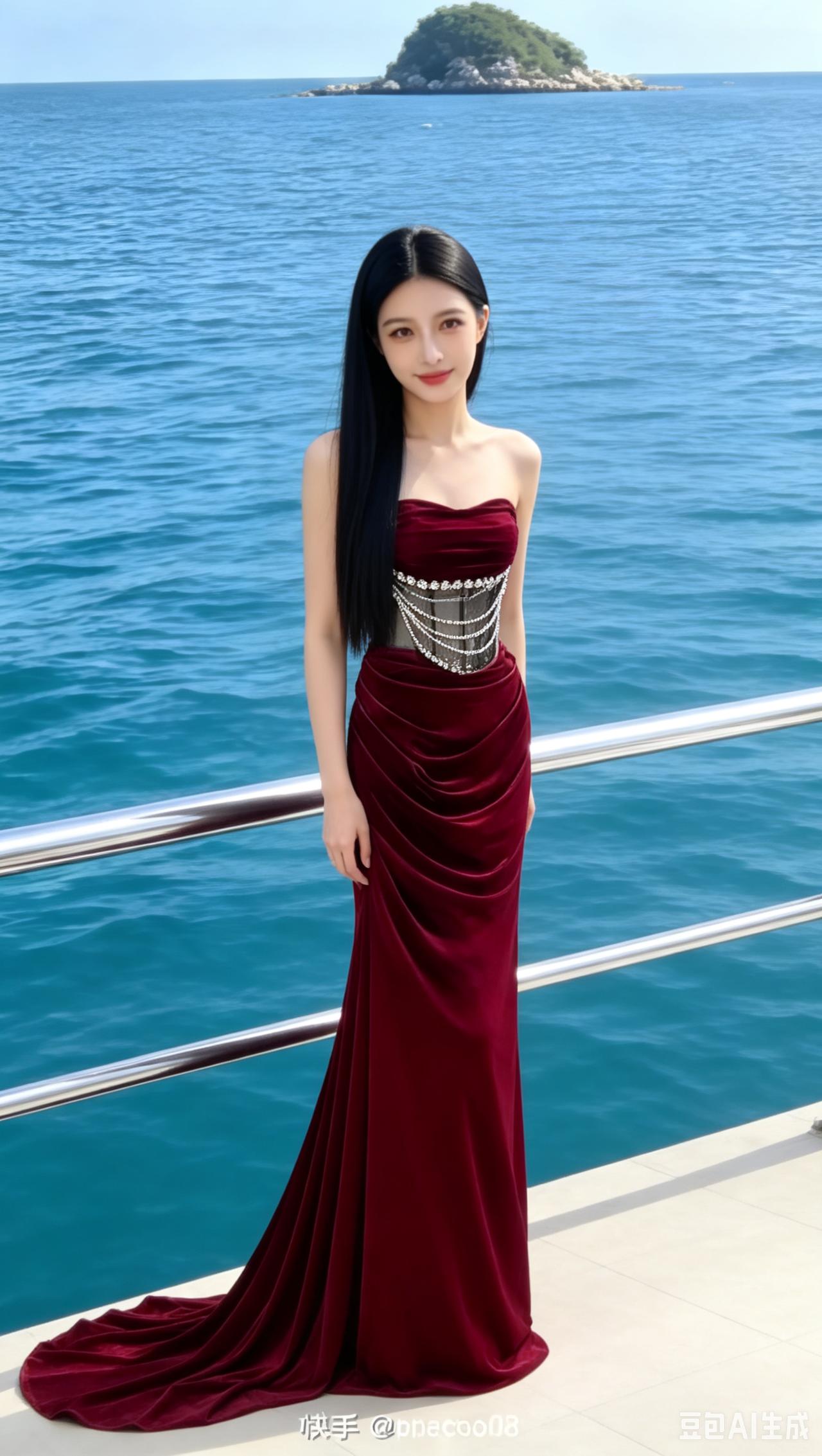 碧海红裙
沧波浩渺映红裳，游艇徐摇海岛芳
乌发垂肩凝素骨，明眸带笑醉星光
丝绒铺