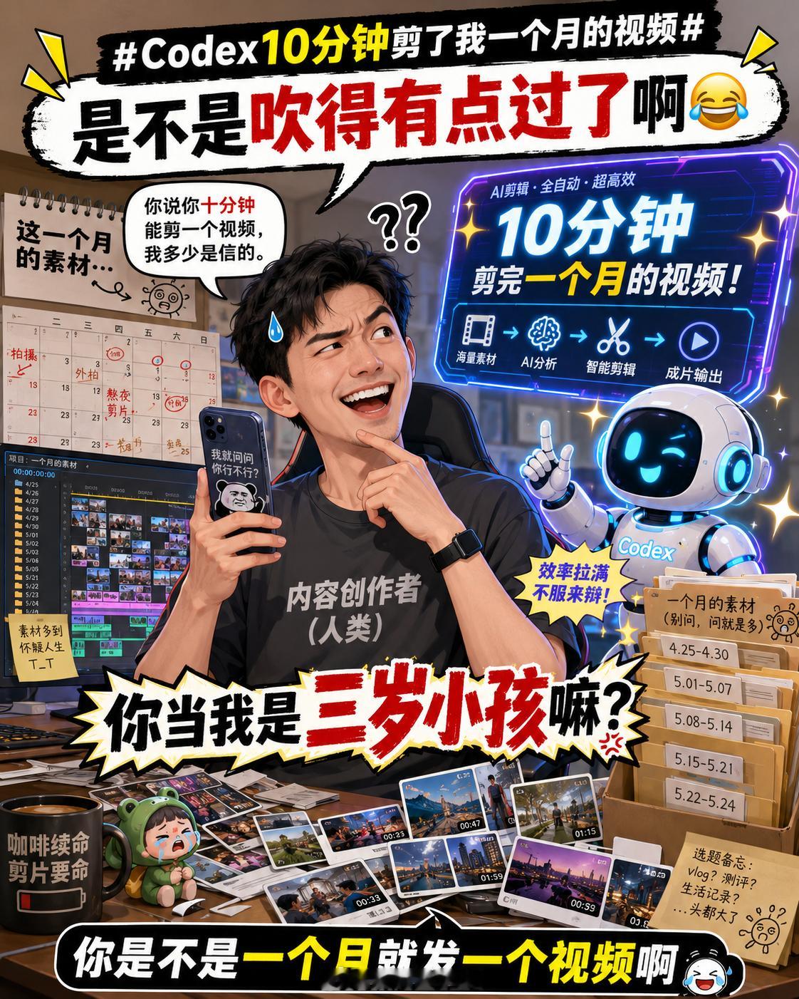 Codex10分钟剪了我一个月的视频是不是吹的有点过了啊，你说你十分钟能剪一个视