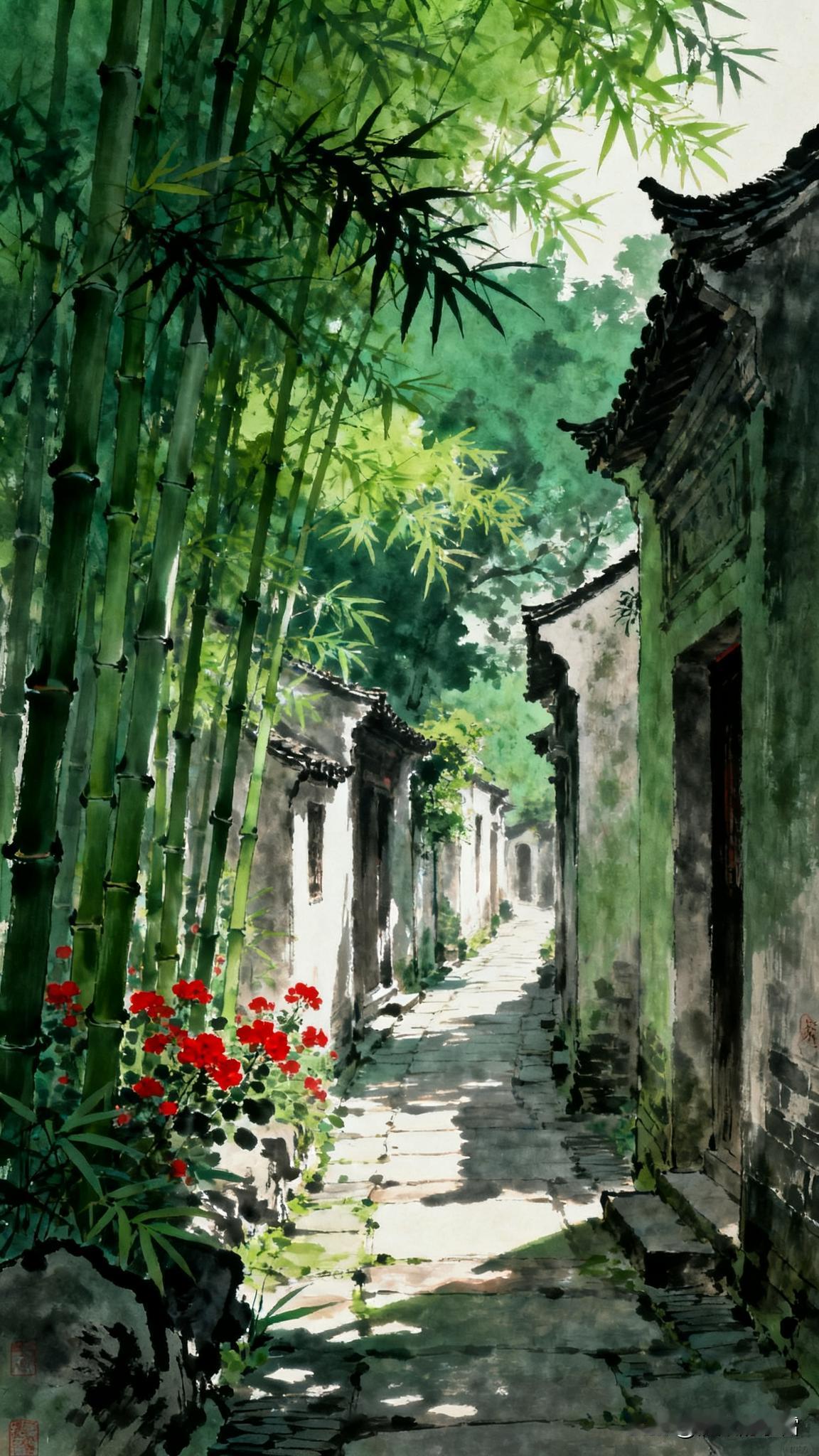 治愈系风景分享静谧古巷，竹影婆娑，红花点缀，岁月静好。