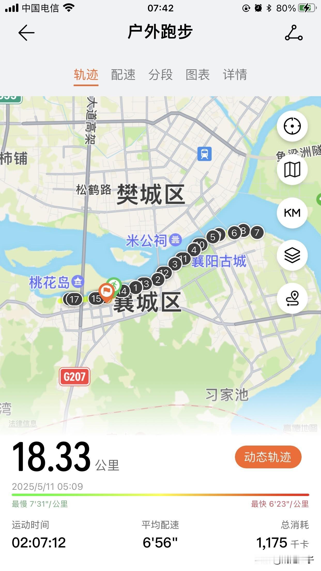 今日母亲节，清晨首次尝试挑战人生第一次18公里（最远距离）跑步🏃，实际跑了18
