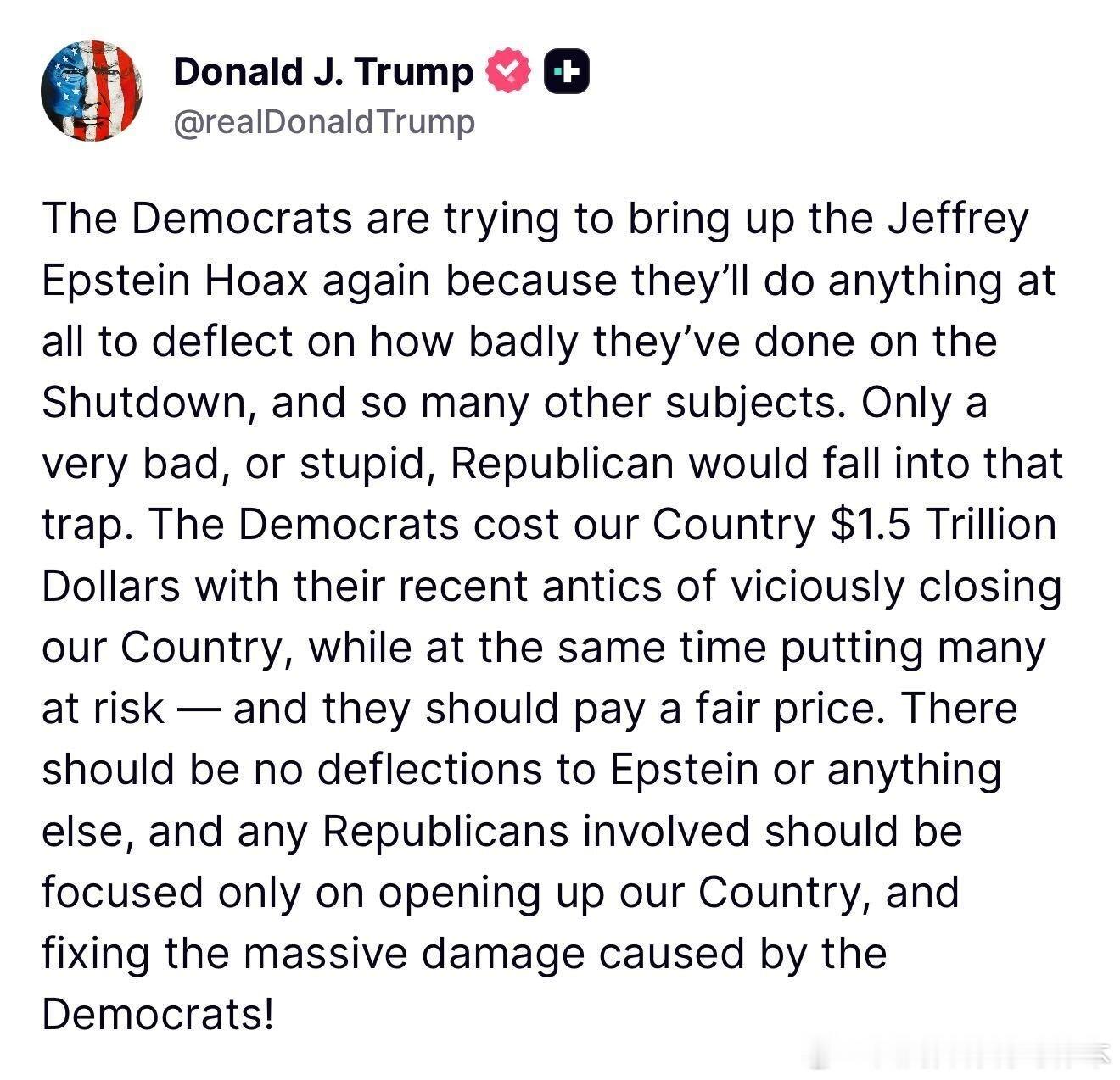 【黄金时代】川普回击民主党突然又炒作爱泼斯坦川普：民主党人又试图炒作所谓的“杰弗