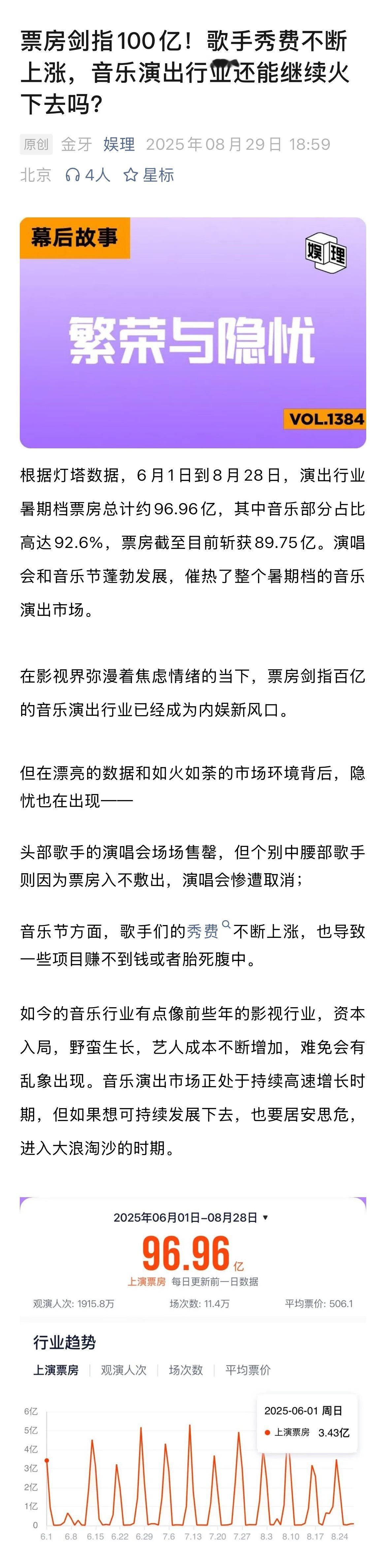 音乐演出行业暑期档票房近100亿艺人用上音乐节的秀费补贴演唱会 疫情后线下演出市