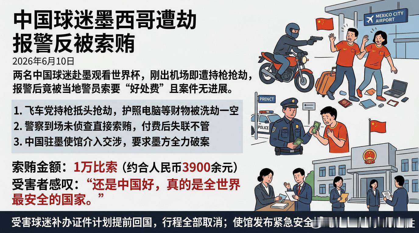 两名中国球迷在墨西哥城落地半小时即遭飞车党持枪抵头抢劫，报警后七八名警察到场不查