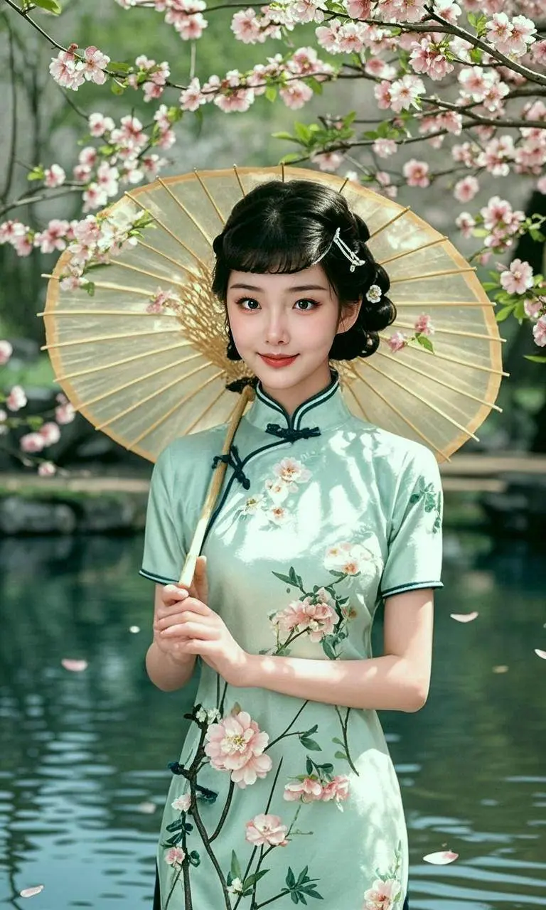 AI翠衣粉花倩影