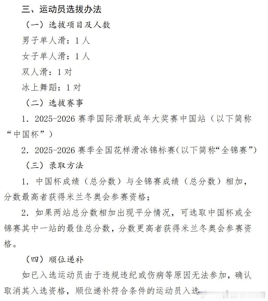 【米兰冬奥会花滑选拔办法公示】体育总局冬运中心公示《花样滑冰项目米兰冬奥会参赛选