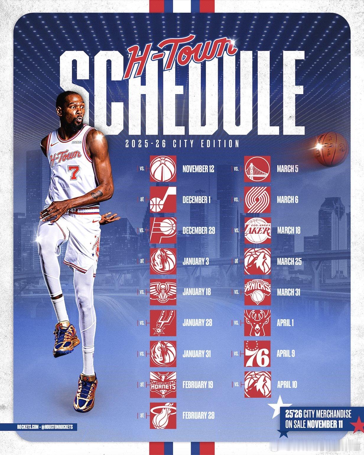 城市版球衣赛程如下：休斯顿火箭 ​​​