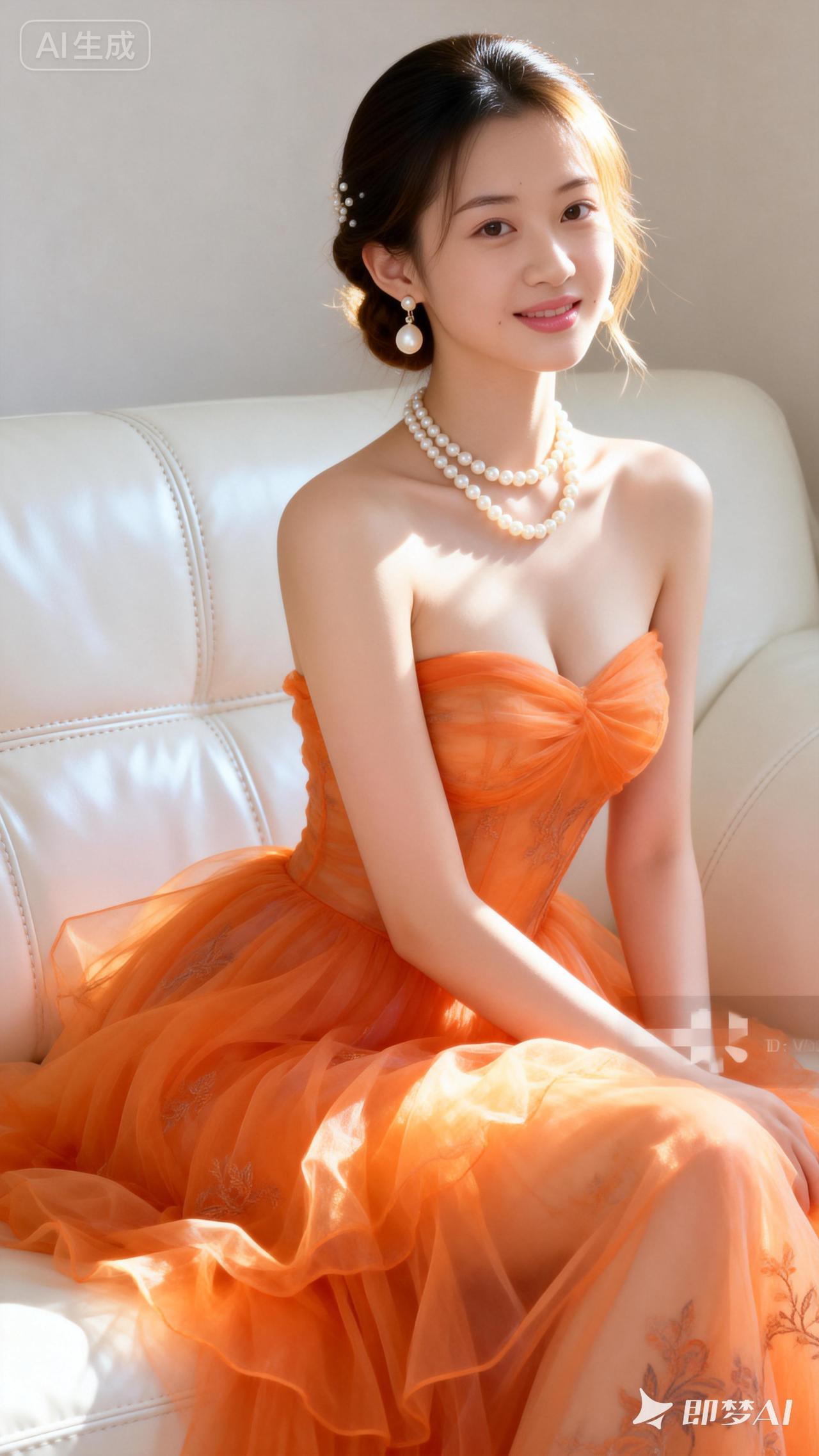 优雅橙裙，珍珠闪耀，宛如童话中的公主。