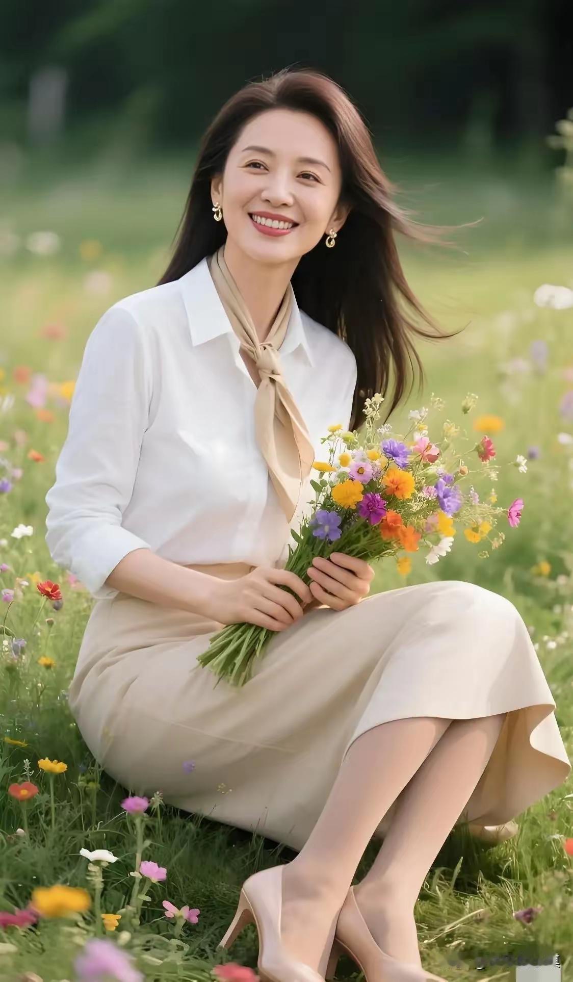 一句野芳入怀春满袖，山野繁花拥入怀中，满身浸染春日温柔，意境清雅动人，身边友人接