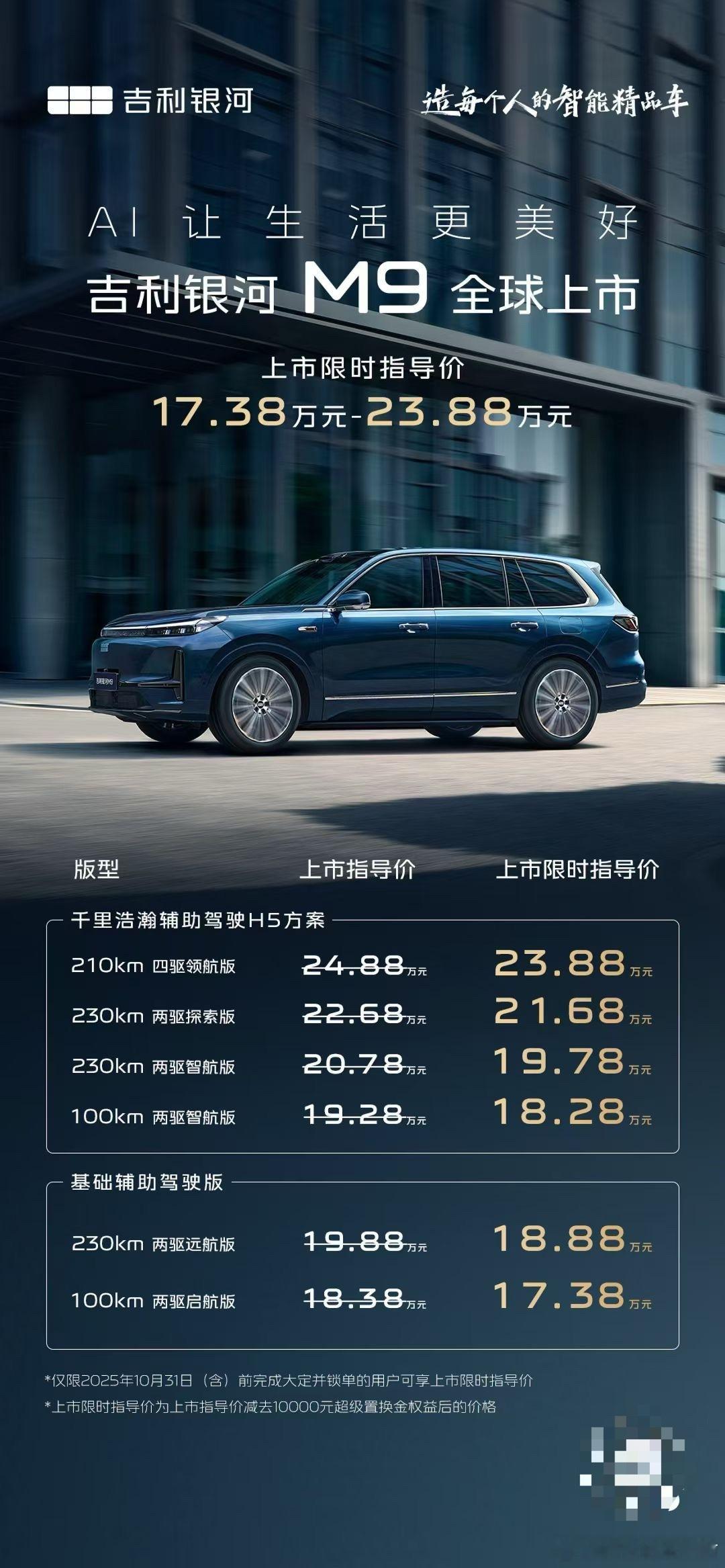 吉利银河M9上市真的太卷了！起售价下探到17.38万元！顶配的四驱版是三电机版本
