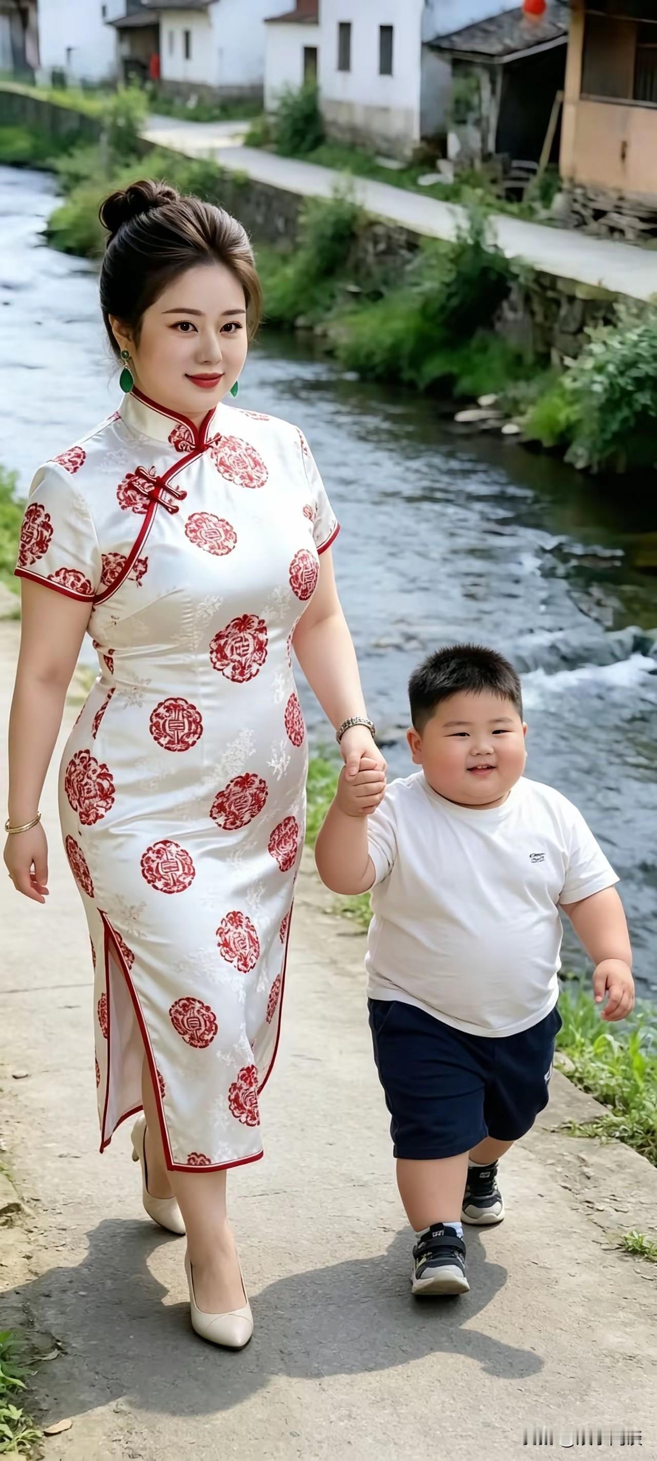 瞧瞧我媳妇，面相富态，看着就有旺夫的福气。领着儿子漫步小路，简简单单的画面，满是